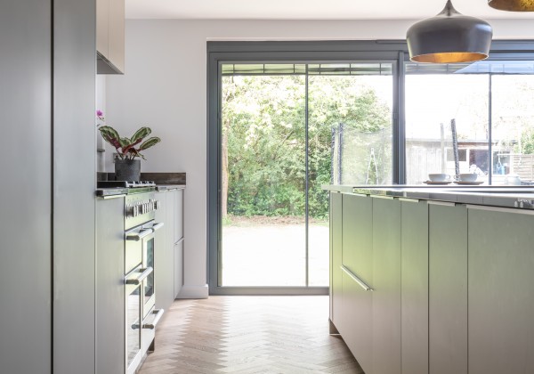 Glazed slider doors into kitchen