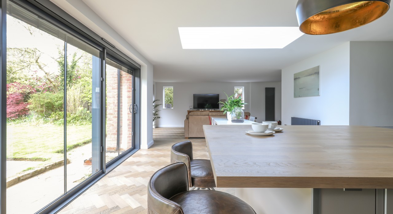 Large kitchen with sliding doors