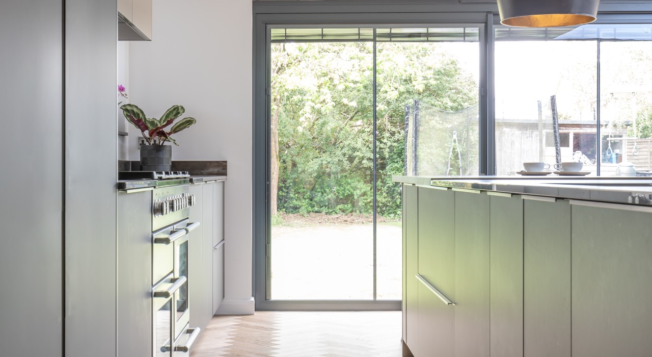 Glazed slider doors into kitchen